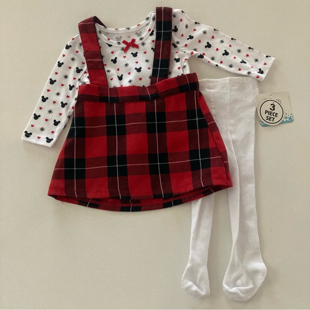 Disney Minnie Mouse Baby Girl 3-6 Months Holiday Christmas Outfit Red Plaid Set